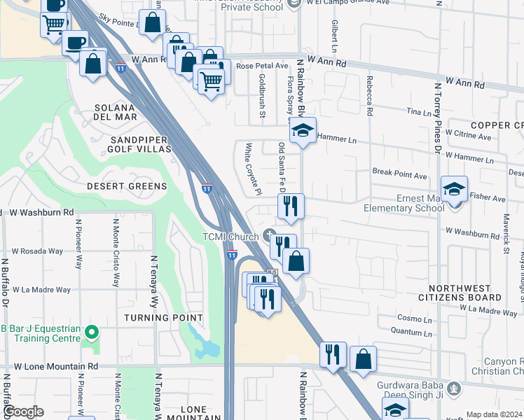 map of restaurants, bars, coffee shops, grocery stores, and more near 6901 Squaw Mountain Drive in Las Vegas
