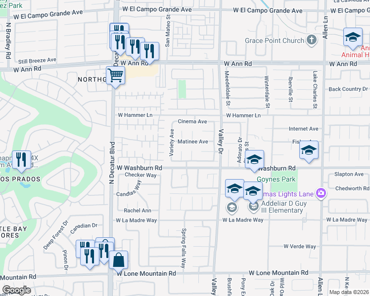 map of restaurants, bars, coffee shops, grocery stores, and more near 5236 Intermission Court in North Las Vegas
