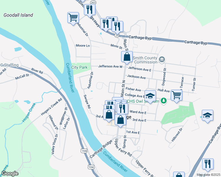 map of restaurants, bars, coffee shops, grocery stores, and more near 503 Water Street in Carthage