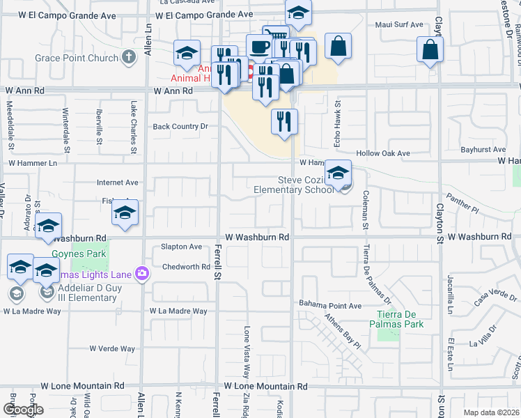 map of restaurants, bars, coffee shops, grocery stores, and more near 5216 Shasta Daisy Street in North Las Vegas