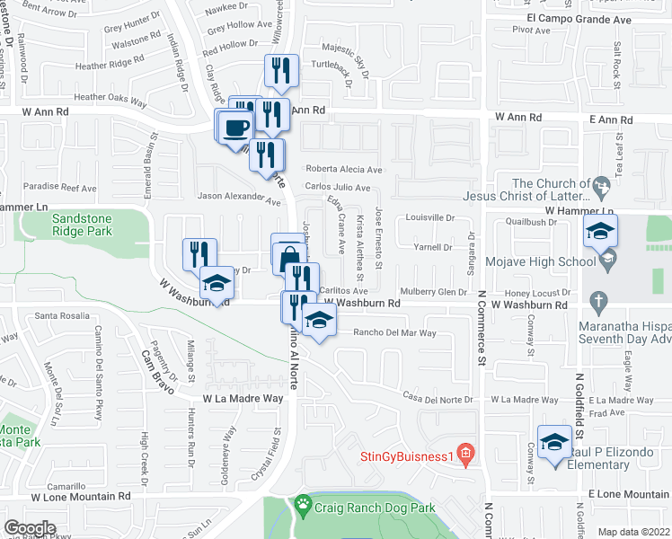 map of restaurants, bars, coffee shops, grocery stores, and more near 5243 Edna Crane Avenue in North Las Vegas