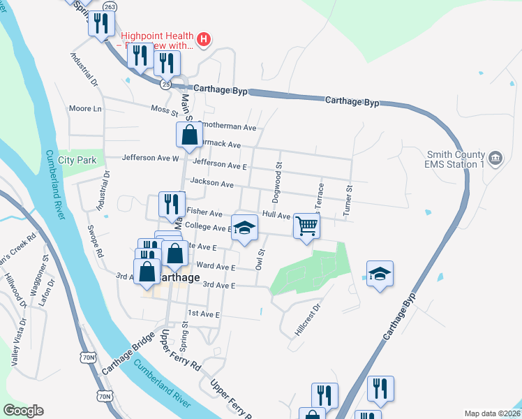 map of restaurants, bars, coffee shops, grocery stores, and more near 112 Hull Avenue in Carthage
