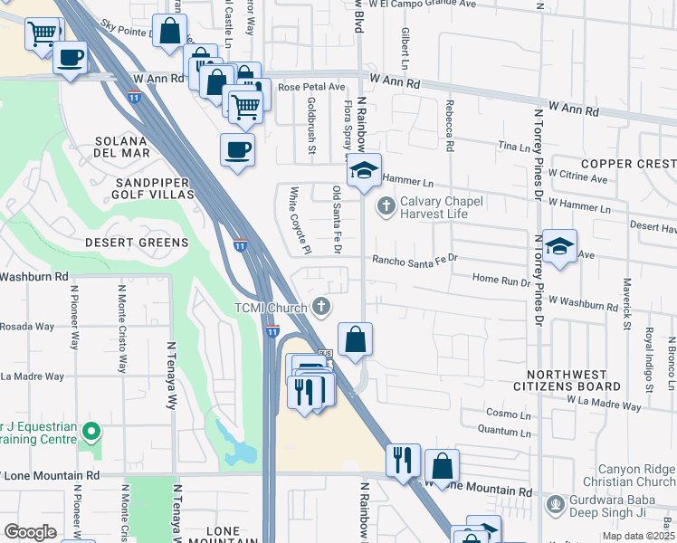 map of restaurants, bars, coffee shops, grocery stores, and more near 6705 Squaw Mountain Drive in Las Vegas