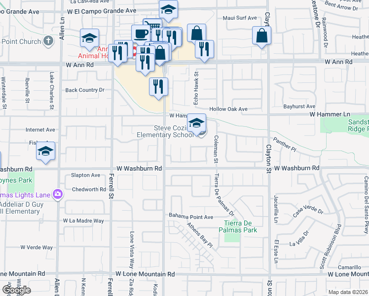 map of restaurants, bars, coffee shops, grocery stores, and more near 5215 Zebra Court in North Las Vegas