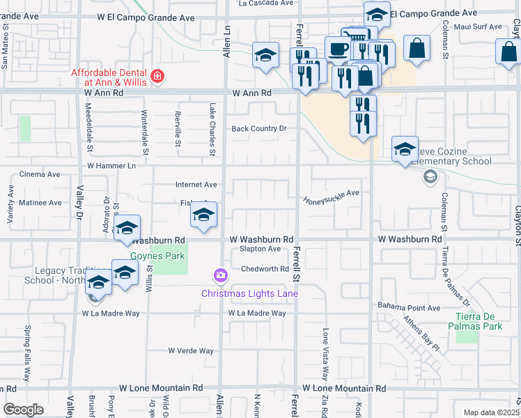 map of restaurants, bars, coffee shops, grocery stores, and more near 3501 Redwood Ridge Way in North Las Vegas