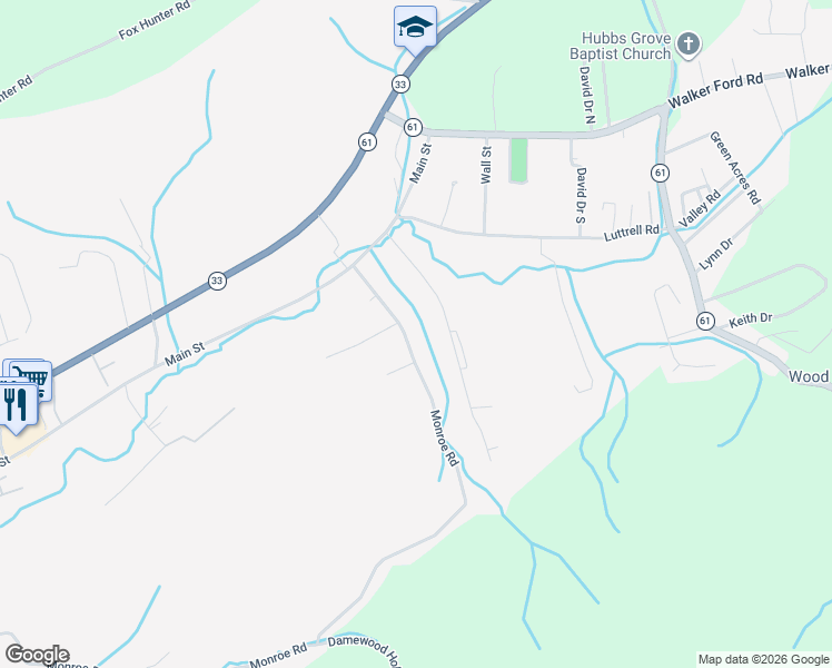 map of restaurants, bars, coffee shops, grocery stores, and more near 576 Monroe Road in Maynardville