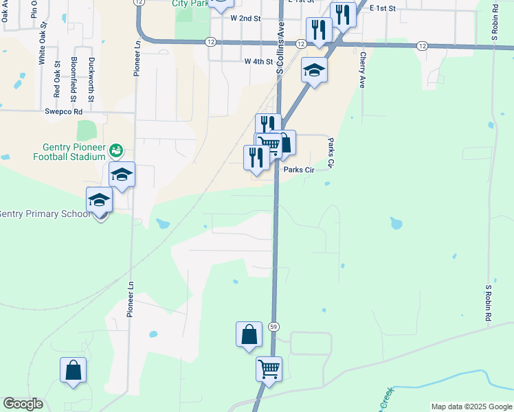 map of restaurants, bars, coffee shops, grocery stores, and more near 1321 South Gentry Boulevard in Gentry