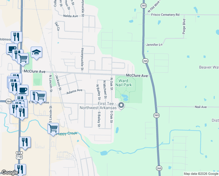 map of restaurants, bars, coffee shops, grocery stores, and more near 118 North Oak Street in Lowell