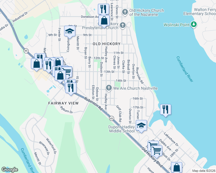 map of restaurants, bars, coffee shops, grocery stores, and more near 1505 Hadley Avenue in Nashville