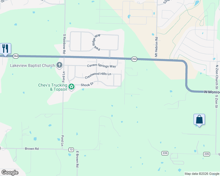 map of restaurants, bars, coffee shops, grocery stores, and more near 1703 Shook Drive in Cave Springs