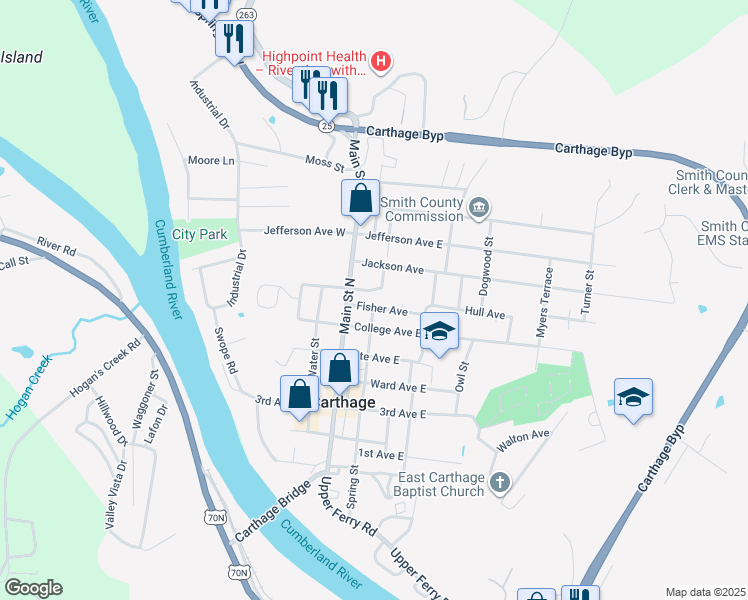 map of restaurants, bars, coffee shops, grocery stores, and more near 125 Mercedes St in Carthage