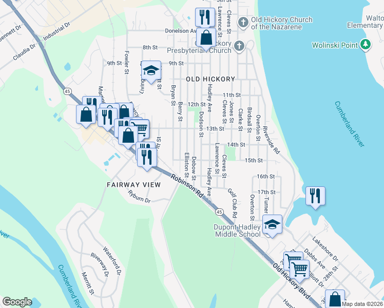 map of restaurants, bars, coffee shops, grocery stores, and more near 1311 Debow Street in Nashville