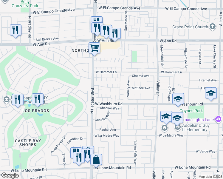 map of restaurants, bars, coffee shops, grocery stores, and more near 5258 Cedar Bridge Court in North Las Vegas
