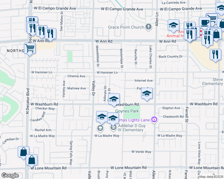 map of restaurants, bars, coffee shops, grocery stores, and more near 5318 Styers Street in North Las Vegas