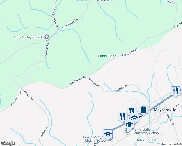 map of restaurants, bars, coffee shops, grocery stores, and more near 684 Fox Hunter Road in Maynardville