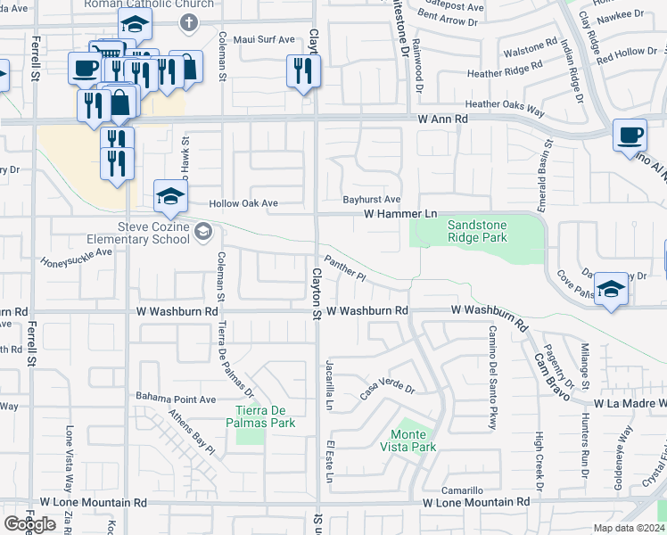 map of restaurants, bars, coffee shops, grocery stores, and more near 1929 Panther Place in North Las Vegas