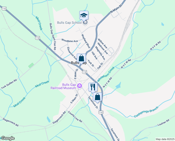 map of restaurants, bars, coffee shops, grocery stores, and more near 111 Couch Street in Bulls Gap