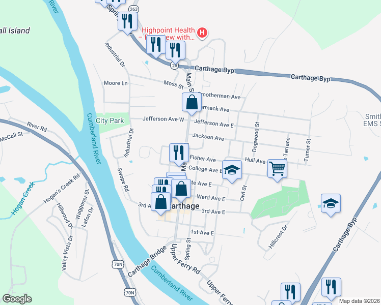 map of restaurants, bars, coffee shops, grocery stores, and more near 703 Main Street North in Carthage