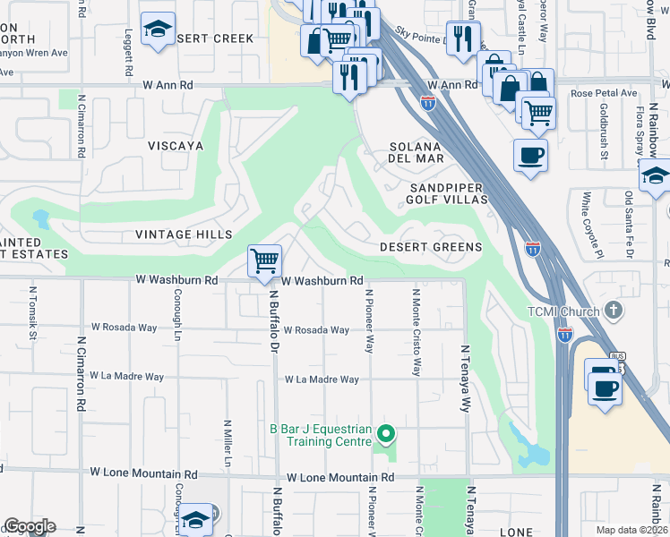 map of restaurants, bars, coffee shops, grocery stores, and more near 7425 Painted Shadows Way in Las Vegas