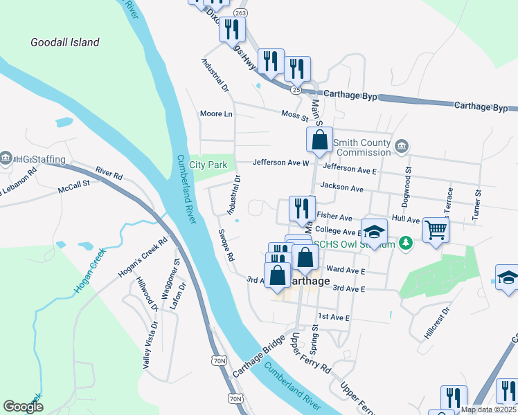 map of restaurants, bars, coffee shops, grocery stores, and more near 199 Project Circle in Carthage