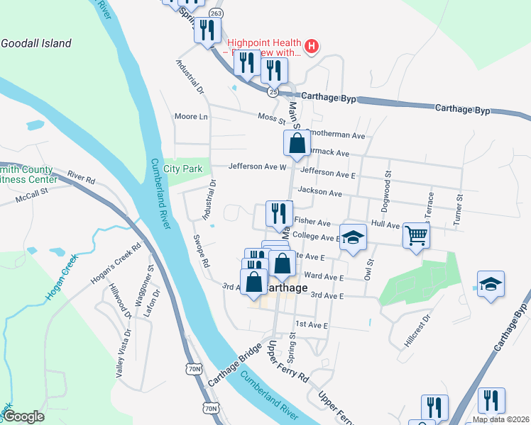 map of restaurants, bars, coffee shops, grocery stores, and more near 206 Morris Avenue in Carthage