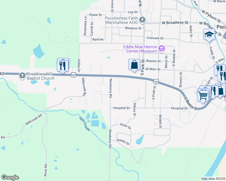 map of restaurants, bars, coffee shops, grocery stores, and more near 1102 Newberry Road in Pocahontas
