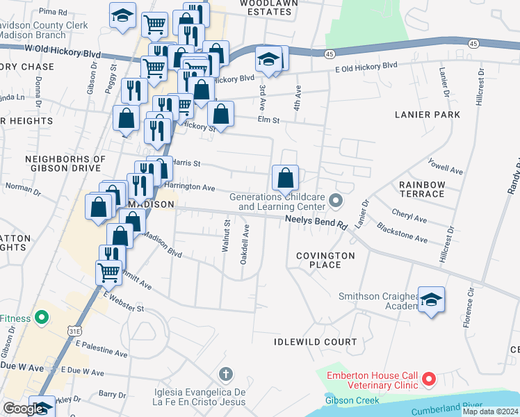 map of restaurants, bars, coffee shops, grocery stores, and more near 340 Harrington Avenue in Nashville