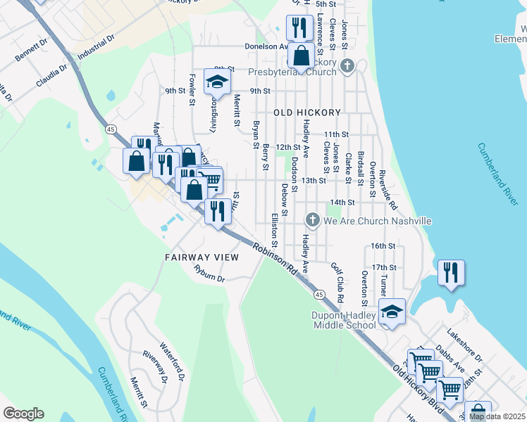 map of restaurants, bars, coffee shops, grocery stores, and more near 1404 Berry Street in Nashville