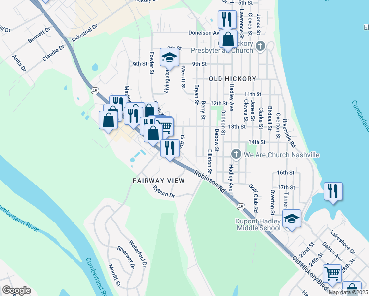 map of restaurants, bars, coffee shops, grocery stores, and more near 1325 Merritt Street in Nashville