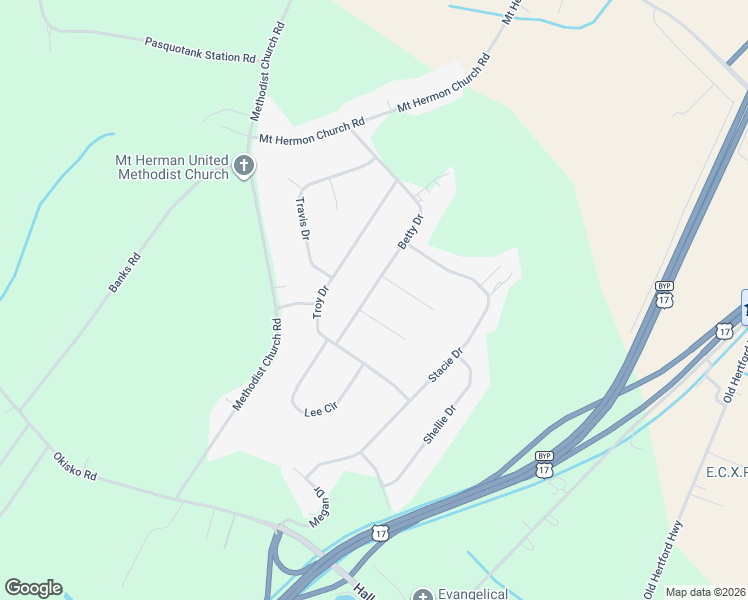 map of restaurants, bars, coffee shops, grocery stores, and more near 202 Betty Drive in Elizabeth City