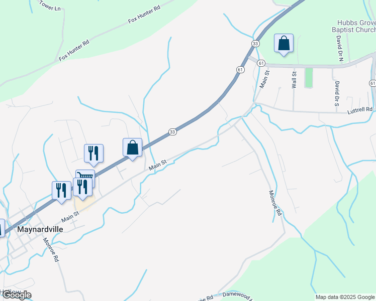 map of restaurants, bars, coffee shops, grocery stores, and more near 1549 Main Street in Maynardville