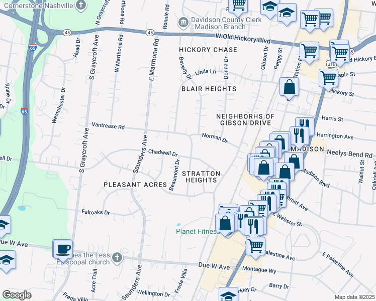 map of restaurants, bars, coffee shops, grocery stores, and more near 418 Norman Drive in Nashville