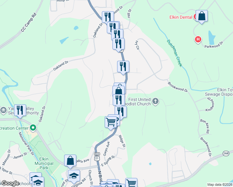 map of restaurants, bars, coffee shops, grocery stores, and more near 735 North Bridge Street in Elkin
