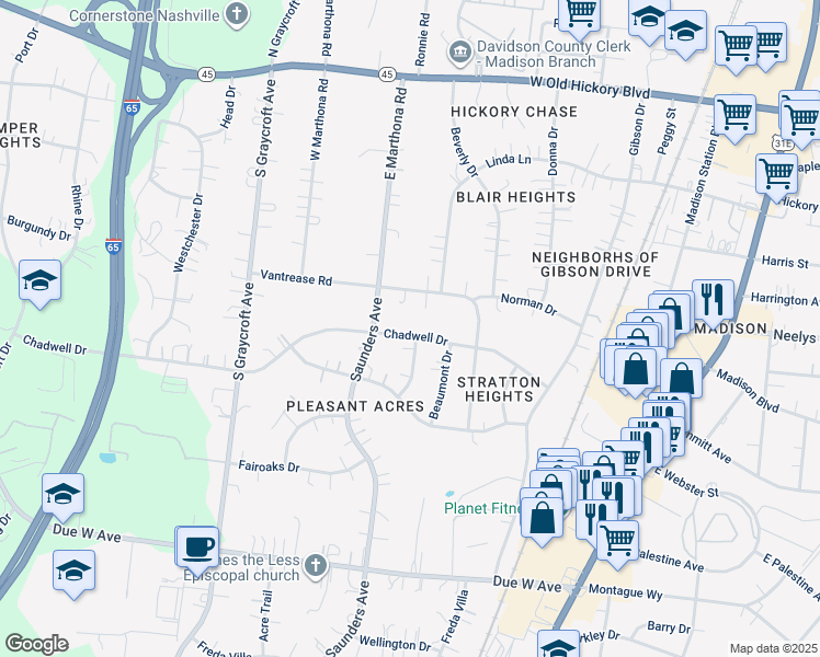 map of restaurants, bars, coffee shops, grocery stores, and more near 702 Chadwell Drive in Nashville