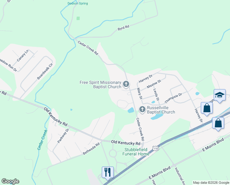 map of restaurants, bars, coffee shops, grocery stores, and more near 717 Cedar Creek Rd in Hamblen