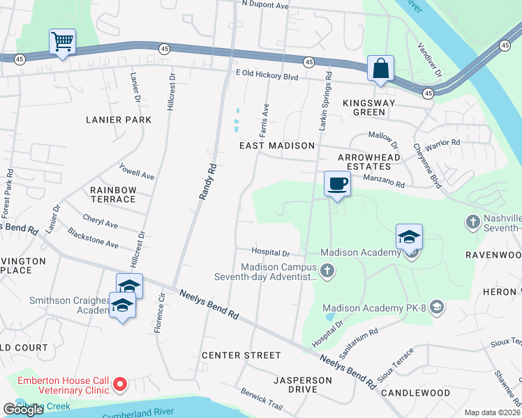 map of restaurants, bars, coffee shops, grocery stores, and more near 344 Larkin Springs Road in Nashville
