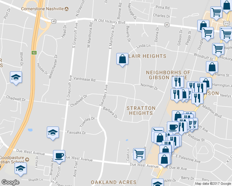 map of restaurants, bars, coffee shops, grocery stores, and more near 702 Chadwell Drive in Nashville