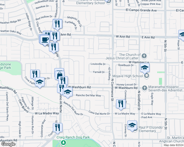map of restaurants, bars, coffee shops, grocery stores, and more near 427 Yarnell Drive in North Las Vegas