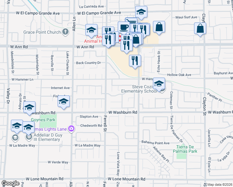 map of restaurants, bars, coffee shops, grocery stores, and more near 3118 Honeysuckle Avenue in North Las Vegas