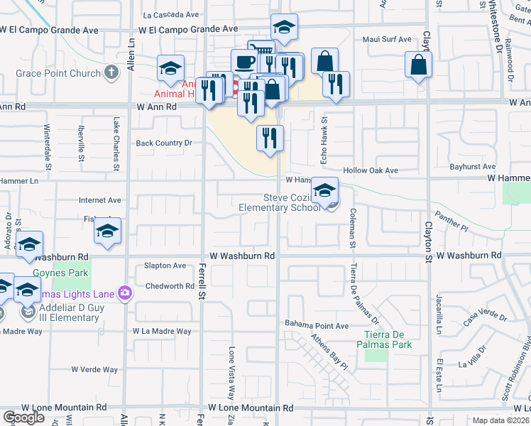map of restaurants, bars, coffee shops, grocery stores, and more near 2913 Honeysuckle Avenue in North Las Vegas