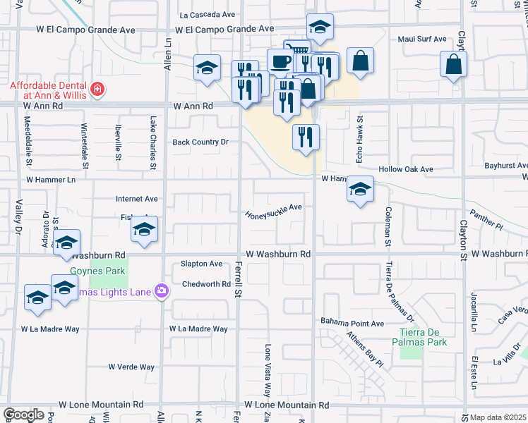 map of restaurants, bars, coffee shops, grocery stores, and more near 3118 Honeysuckle Avenue in North Las Vegas