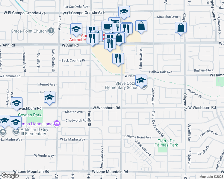 map of restaurants, bars, coffee shops, grocery stores, and more near 3026 Honeysuckle Avenue in North Las Vegas