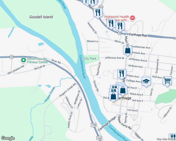 map of restaurants, bars, coffee shops, grocery stores, and more near 118 Riverside Drive in Carthage