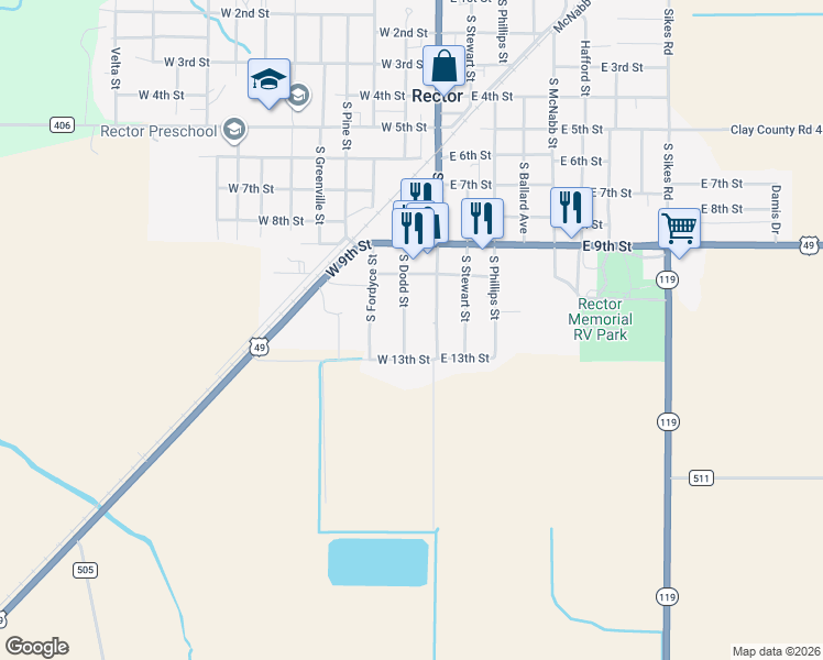 map of restaurants, bars, coffee shops, grocery stores, and more near 1115 South Dodd Street in Rector