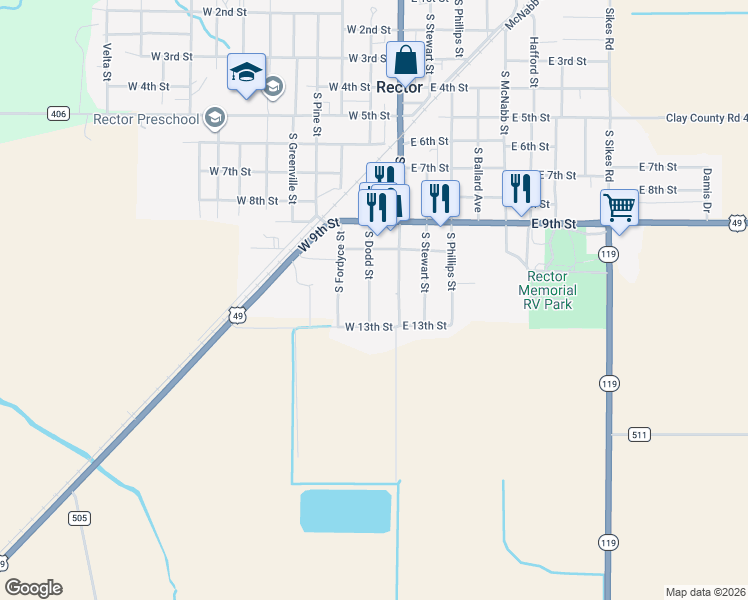 map of restaurants, bars, coffee shops, grocery stores, and more near 1115 South Dodd Street in Rector