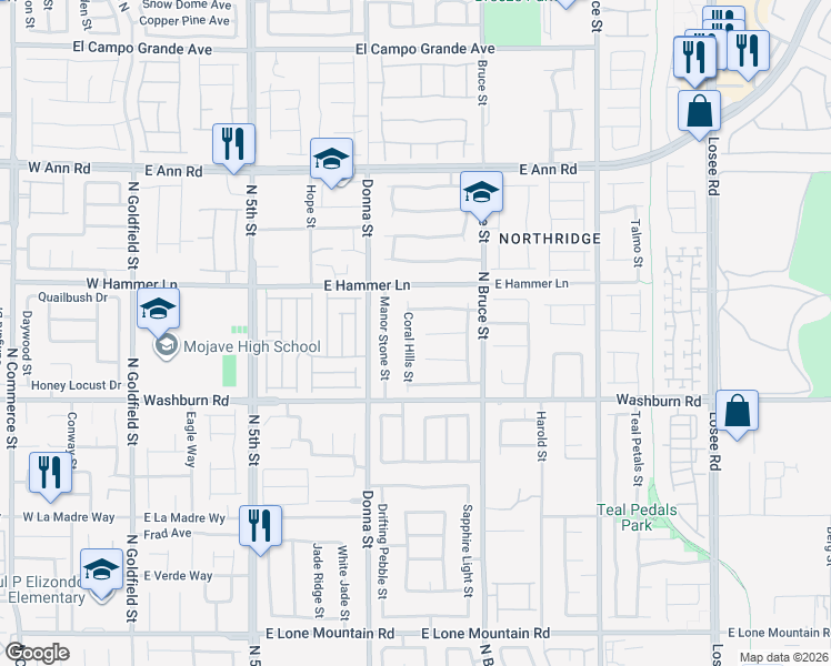 map of restaurants, bars, coffee shops, grocery stores, and more near 5308 Coral Hills Street in North Las Vegas
