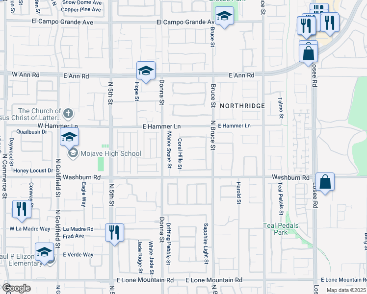 map of restaurants, bars, coffee shops, grocery stores, and more near 5308 Coral Hills Street in North Las Vegas