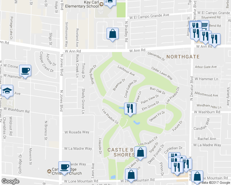 map of restaurants, bars, coffee shops, grocery stores, and more near 5312 Braemar Drive in Las Vegas