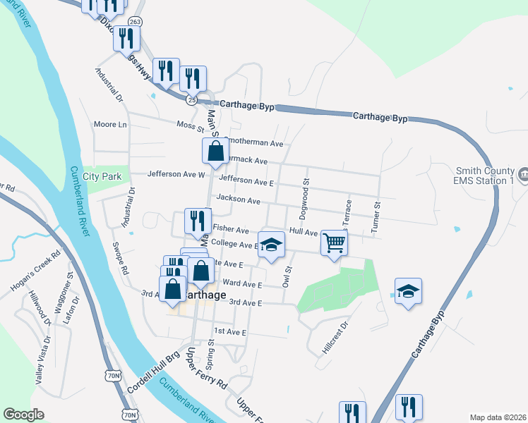 map of restaurants, bars, coffee shops, grocery stores, and more near 220 Jackson Avenue in Carthage