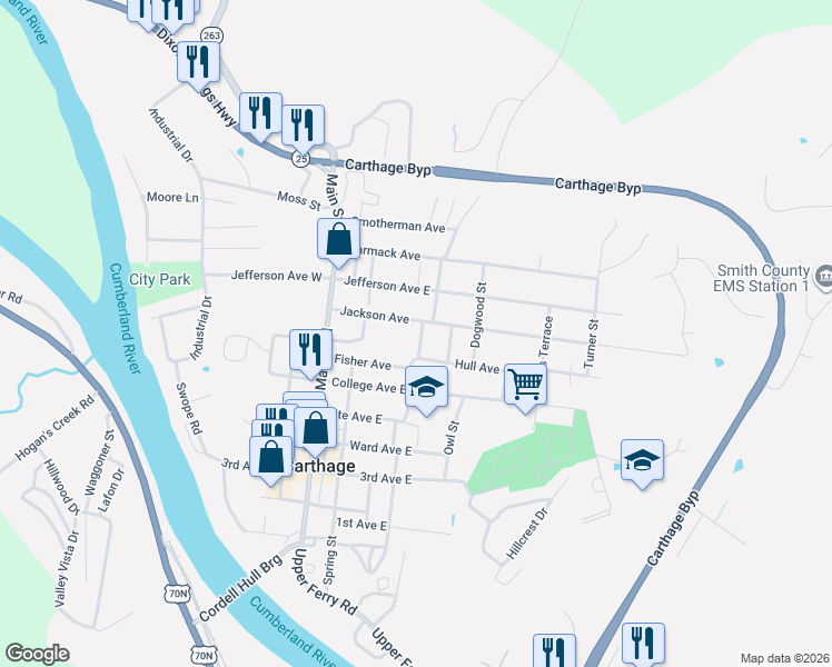 map of restaurants, bars, coffee shops, grocery stores, and more near 220 Jackson Avenue in Carthage